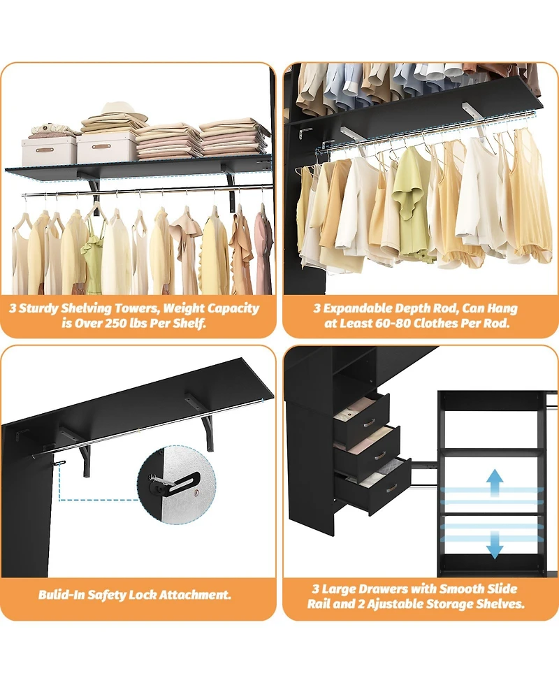 120'' Heavy Duty Closet Organizer System with 3 Wooden Drawers, 10FT Walk-in Shelving Towers