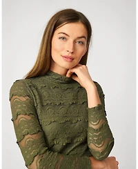 Cable & Gauge Women's Ruffle Lace Stretch Mock Neck Top