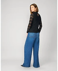 Cable & Gauge Women's Ruffle Lace Stretch Mock Neck Top