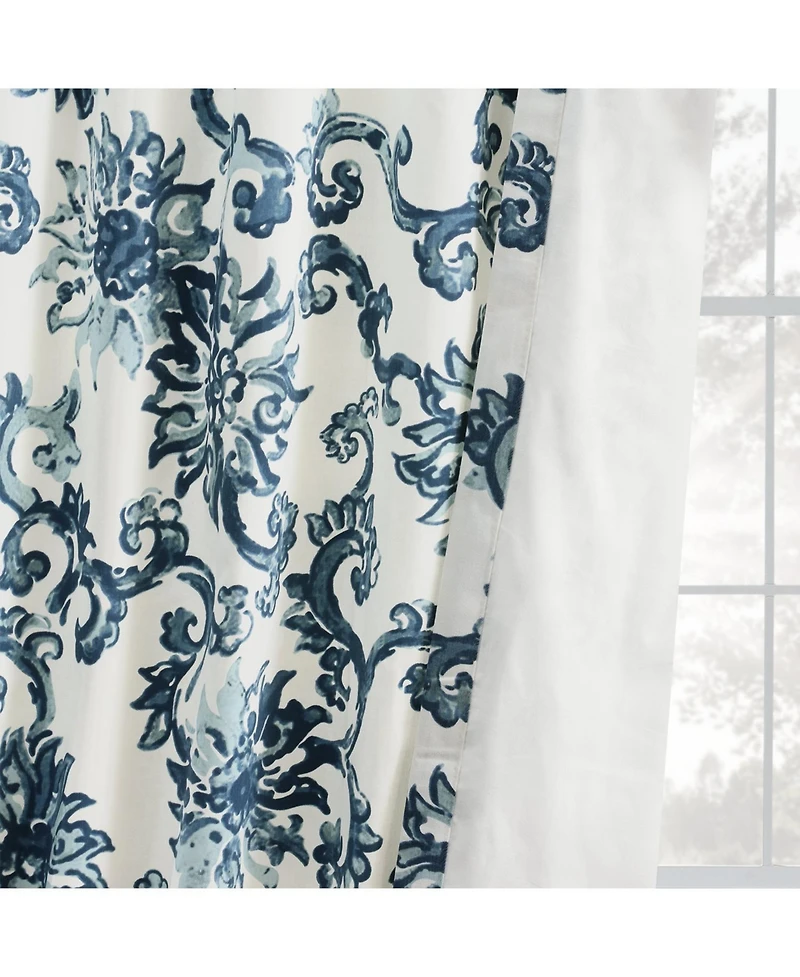 Half Price Drapes Indonesian Blue Floral Printed Cotton Room Darkening Curtain
