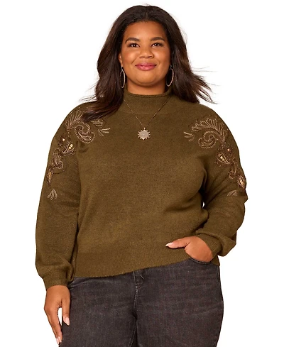 Democracy Plus Long Blouson Sleeve Mock Neck Sweater