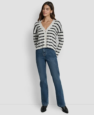 Dkny Jeans Women's Striped Cropped Long-Sleeve Cardigan Sweater