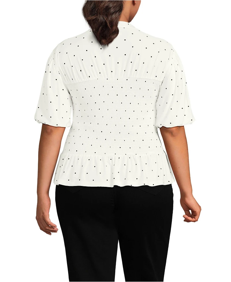 Lands' End Plus Bubble Sleeve Silky Knit Smocked Mock Neck Top