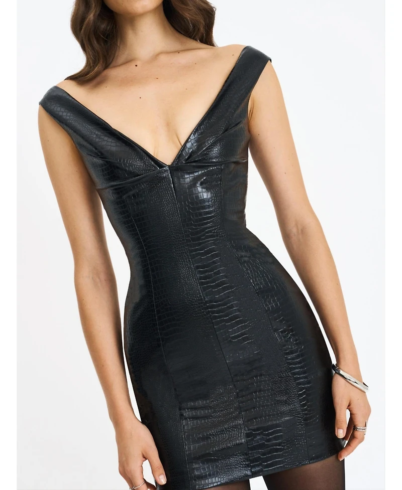 Miss Circle Women's Quilia Black Faux Crocodile Leather Plunge Mini Dress
