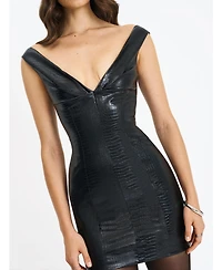 Miss Circle Women's Quilia Black Faux Crocodile Leather Plunge Mini Dress