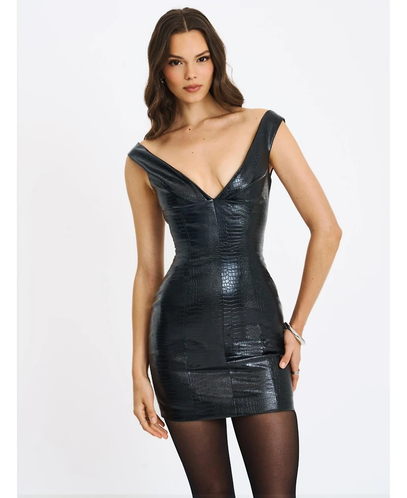 Miss Circle Women's Quilia Black Faux Crocodile Leather Plunge Mini Dress
