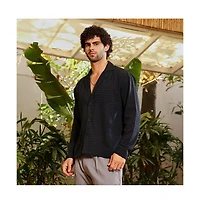 Campus Sutra Men's Onyx Black Striped Cuban Shirt