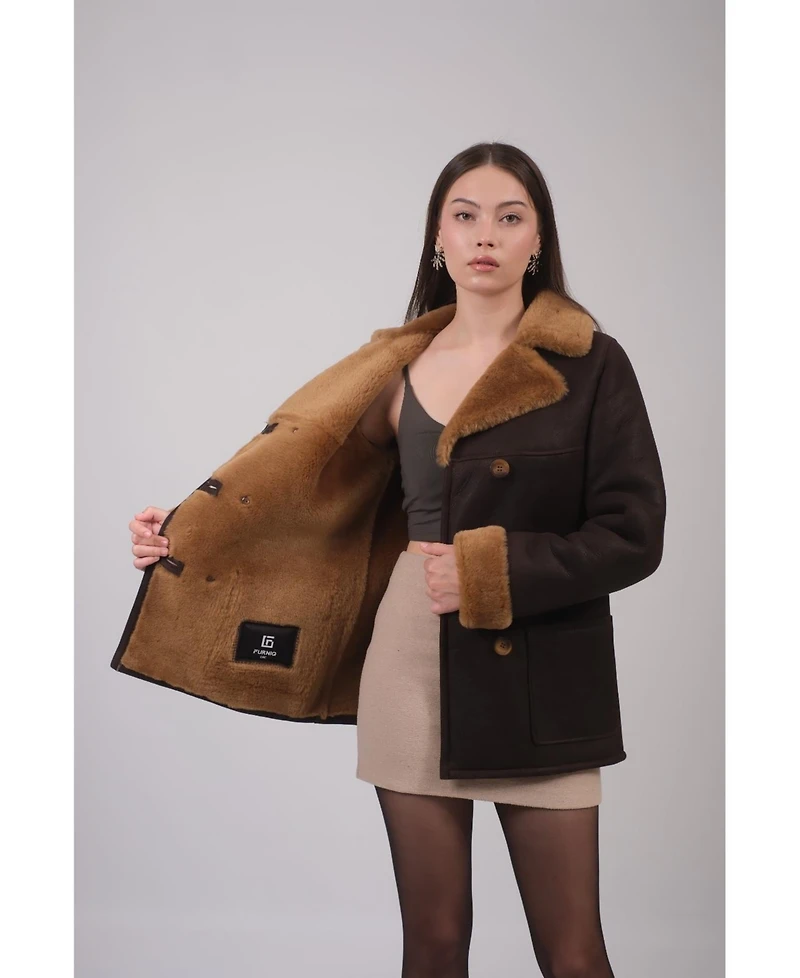 Furniq Uk Women's Leather Sheepskin Peacoat, Brown, Created for Macy's