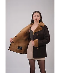 Furniq Uk Women's Leather Sheepskin Peacoat, Brown, Created for Macy's