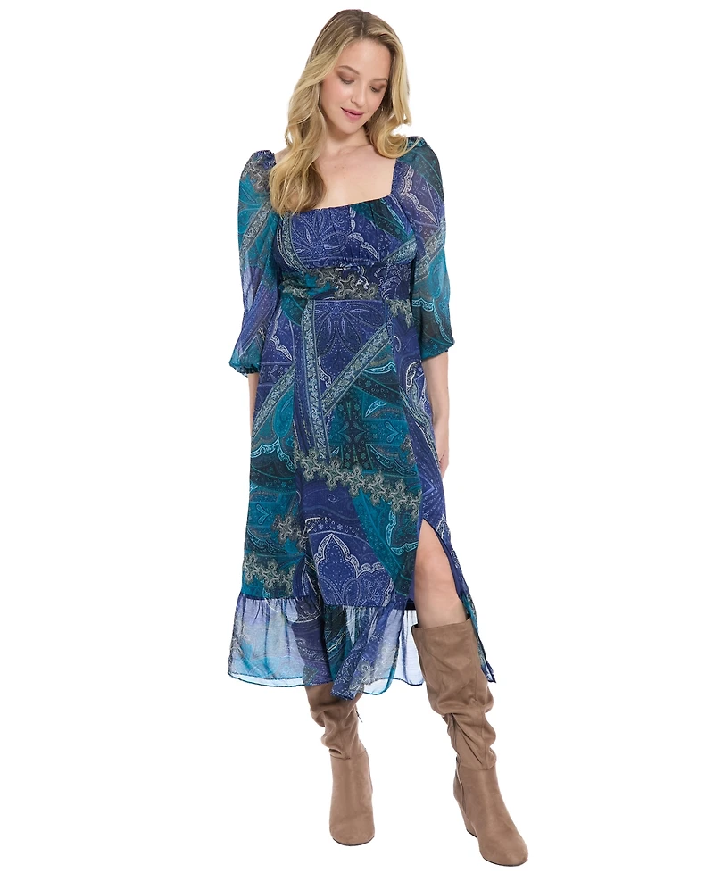 London Times Women's Bishop Sleeve Smocked Back Midi Dress