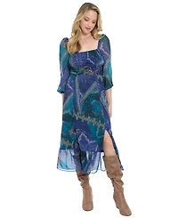 London Times Women's Bishop Sleeve Smocked Back Midi Dress