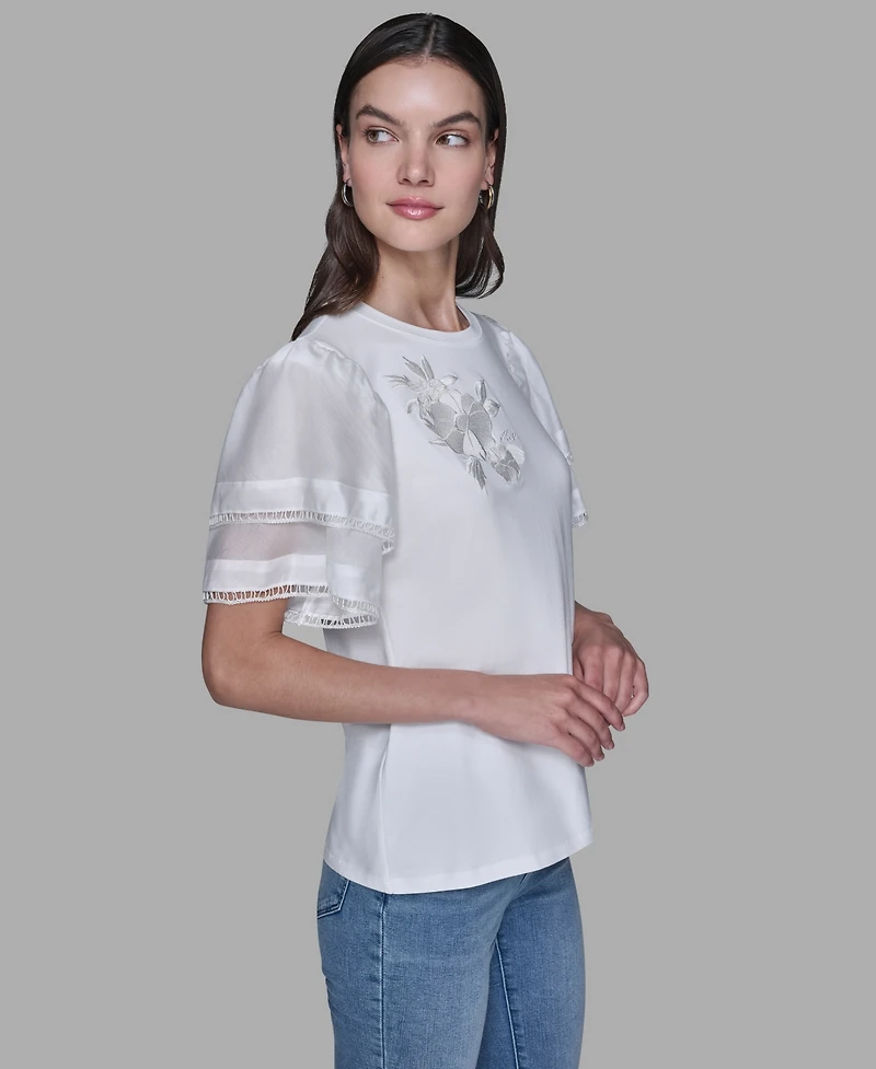 Karl Lagerfeld Paris Women's Ruffled Crewneck Floral Top