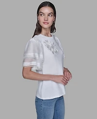 Karl Lagerfeld Paris Women's Ruffled Crewneck Floral Top