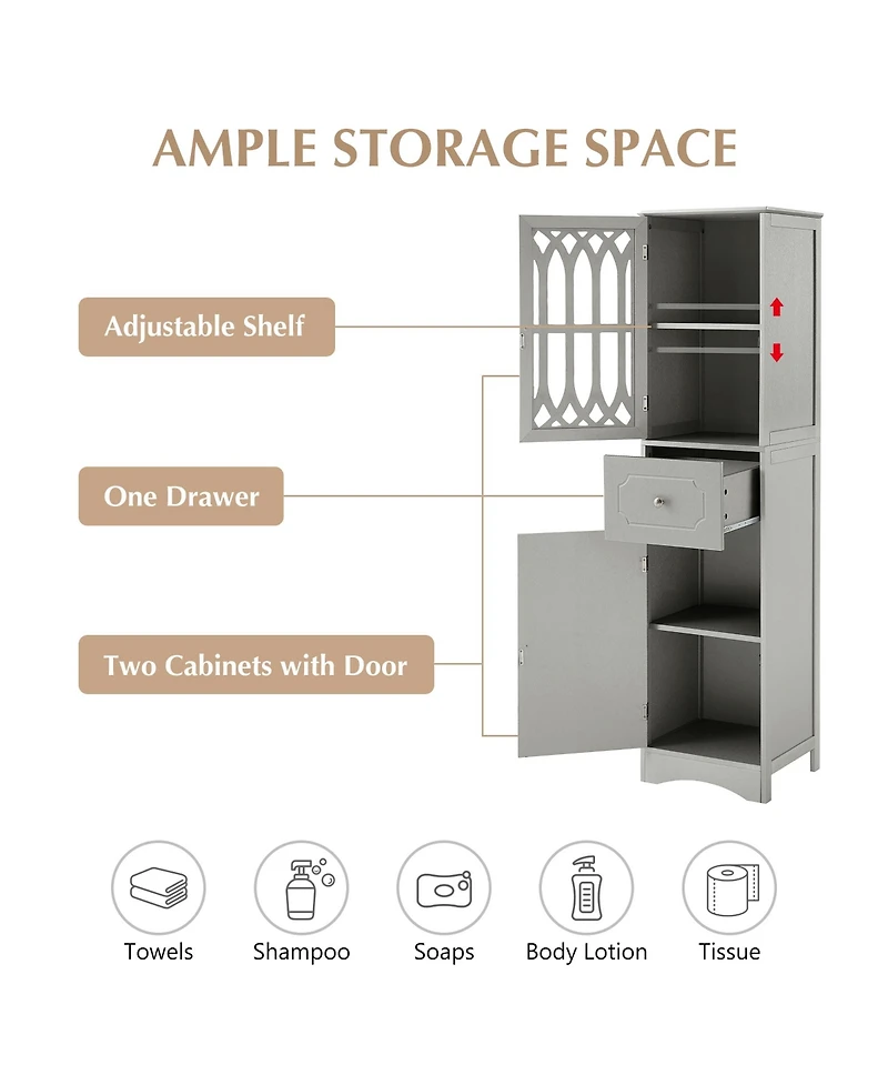 Airsurfer Tall Bathroom Cabinet Freestanding Storage Cabinet with Drawer and Doors Adjustable Shelf Mdf Board Acrylic Door Grey