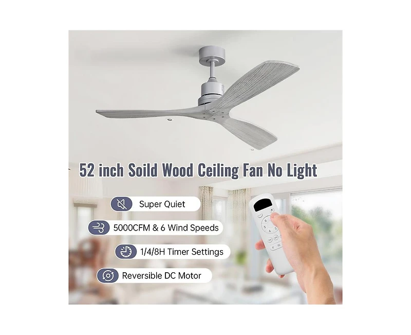 Sofucor 52-inch Modern Silver 3 Blades Walnut Ceiling Fan with 6 Speed Remote control and Timing and Forward Reverse Rotation Function for Indoor
