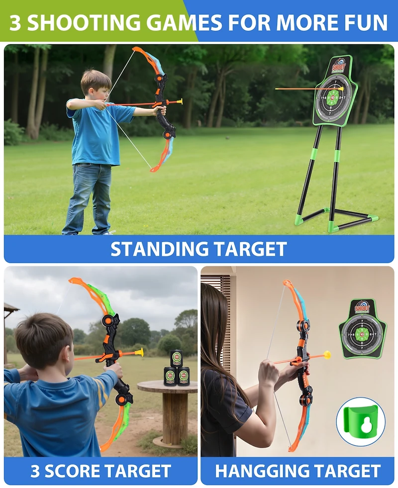 2-Pack Led Bow and Arrow Set for Kids with 12 Suction Arrows, 1 Standing Target, 3 Score Targets & 2 Light-u Quiver
