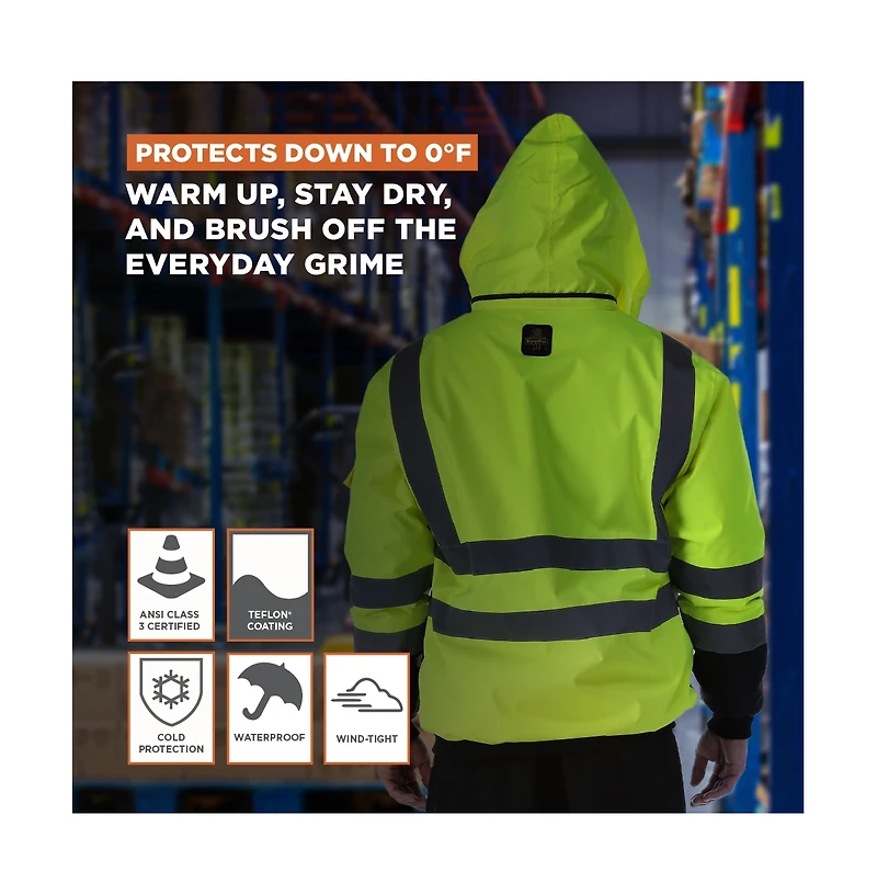 RefrigiWear Men's HiVis Waterproof Bomber Jacket - Extreme Cold Protection, High-Visibility, Fleece-Lined, Rollout Hood