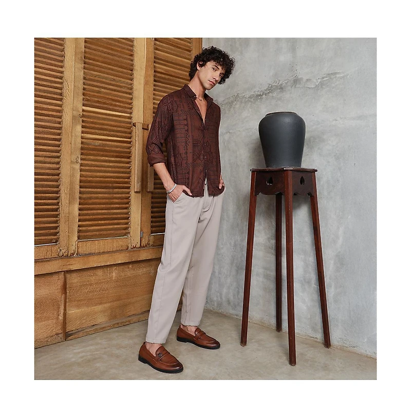 Campus Sutra Men's Russet Brown Aztec-Imprint Shirt