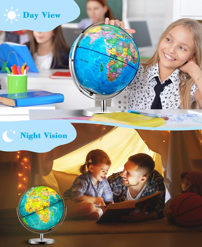 Sugift 13-Inch Illuminated World Globe with Stand Led Light, Dual-Axis Rotation, Usb Powered Educational Globe for Kids & Adults