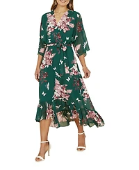 Yumi Women's Floral Kimono Dipped Hem Dress