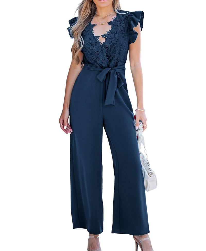Cupshe Women's Lace Ruffle Sleeve V-Neck Jumpsuit