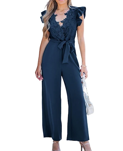 Cupshe Women's Lace Ruffle Sleeve V-Neck Jumpsuit