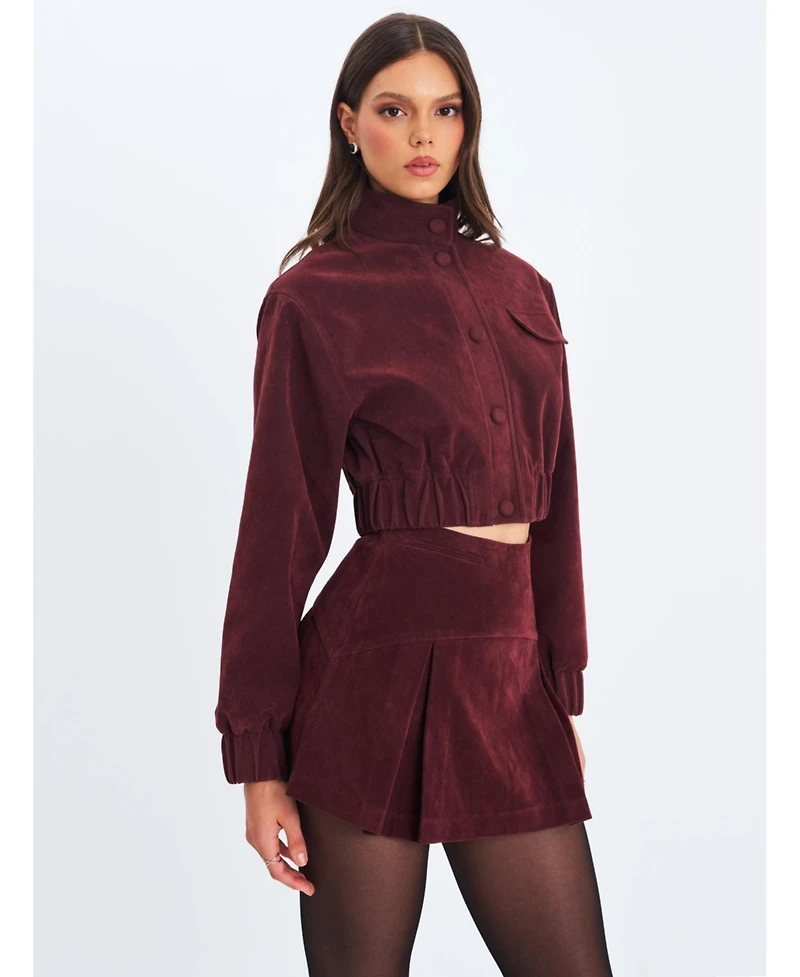 Miss Circle Women Farryn Mahogany Faux Suede Cropped Bomber Jacket