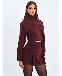 Miss Circle Women Farryn Mahogany Faux Suede Cropped Bomber Jacket