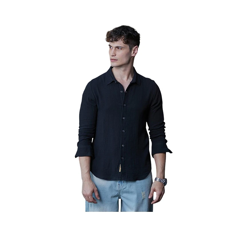Campus Sutra Men's Midnight Black Breezy-Weave Shirt