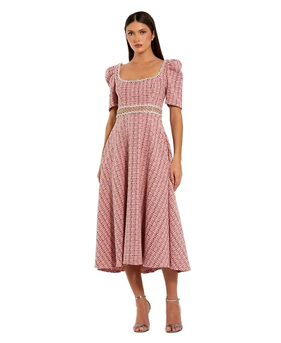 Mac Duggal Women's Puff Sleeve Boucle Midi Dress With Beaded Belt