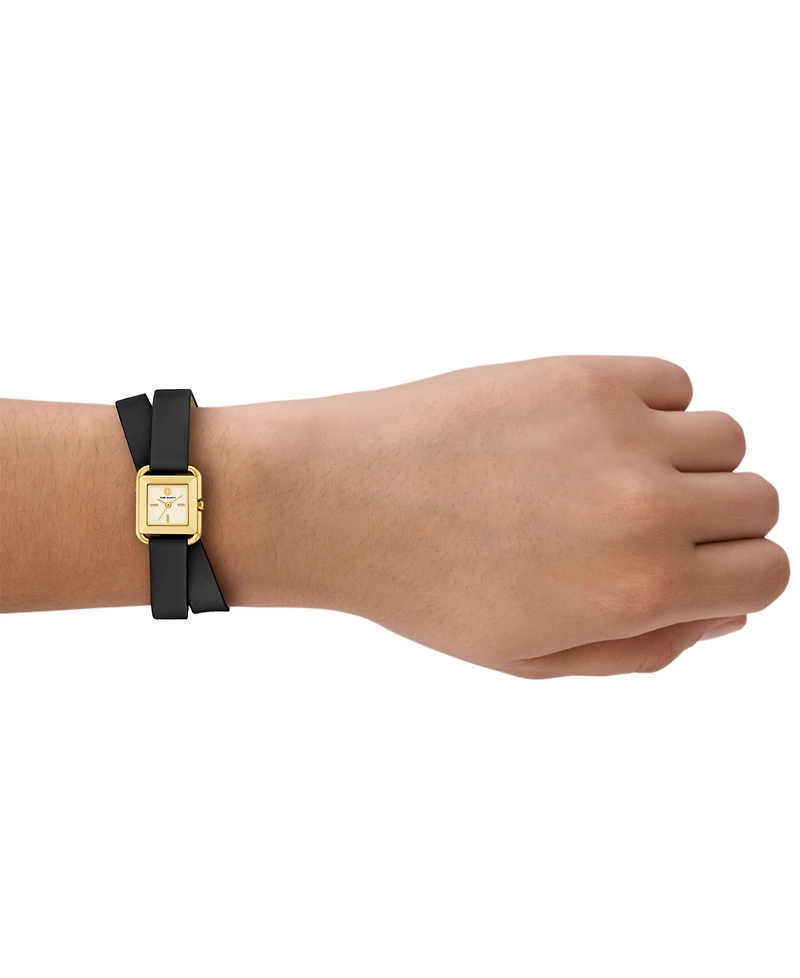 Tory Burch Women's The Kira Square Small Three Hand Black Leather, 19mm