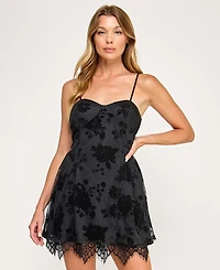 Seni & Cade Juniors' Flocked and Lace Sleeveless Dress