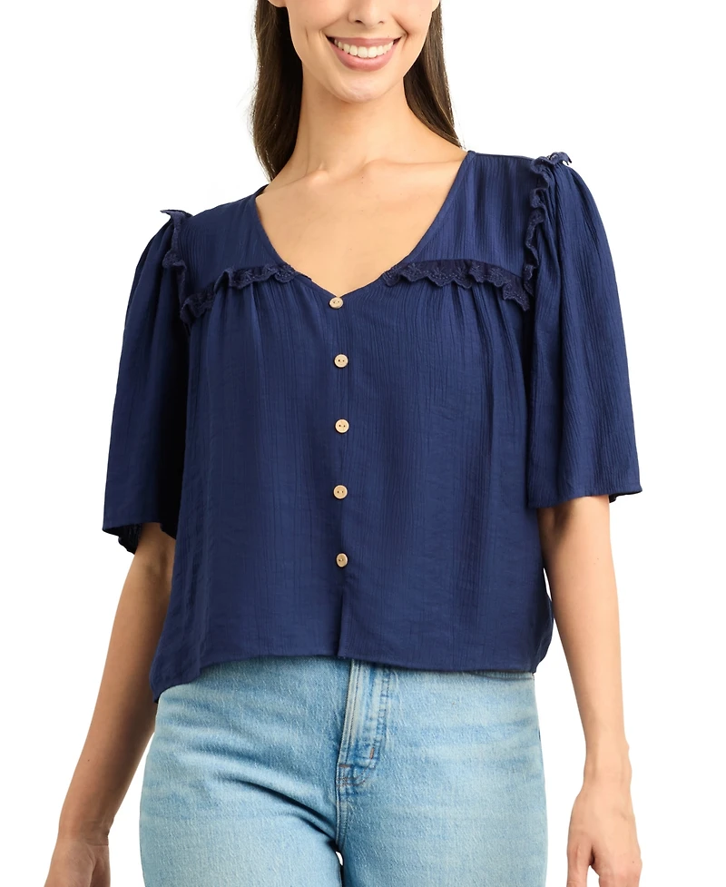 Bcx Juniors' Resort Solid Crinkle V-Neck Top