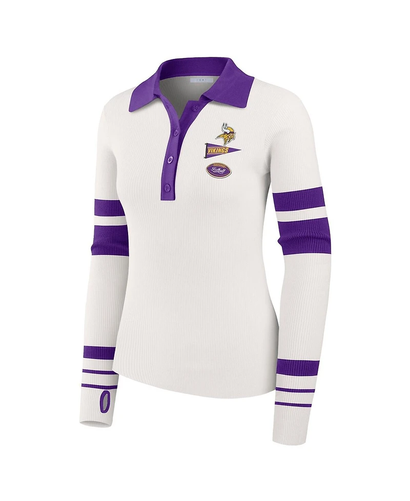 Wear by Erin Andrews Women's White Minnesota Vikings Ribbed Henley Polo Shirt