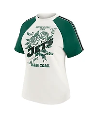 Wear by Erin Andrews Women's White New York Jets Sleeve Stripe Distressed Raglan T-Shirt