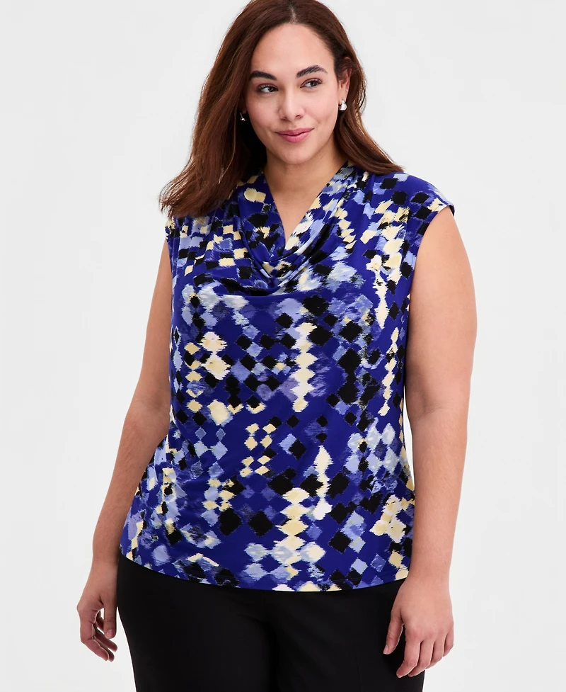 Kasper Plus Printed Sleeveless Cowl-Neck Top