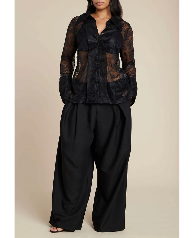 Eloquii Women's Sheer Lace Button Up Top