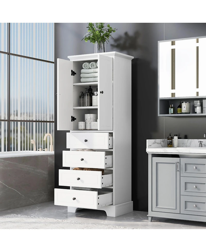 Airsurfer White Storage Cabinet with 2 Doors and 4 Drawers Shelf Mdf Board Painted Finish Freestanding Organizer for Bathroom Office or Living Room