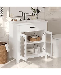 Airsurfer 31 Inch Bathroom Vanity with Tempered Glass Modern Bathroom Cabinet with Rubber Wood Legs and Soft Close Doors Freestanding Storage White
