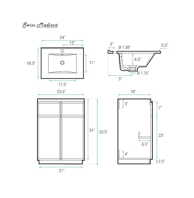 Swiss Madison St. Tropez 24" Freestanding Bathroom Vanity in Green Oak with Sink Top