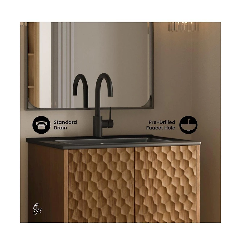 Swiss Madison Bosse 24" Freestanding Bathroom Vanity in Brown Oak with Black Sink Top