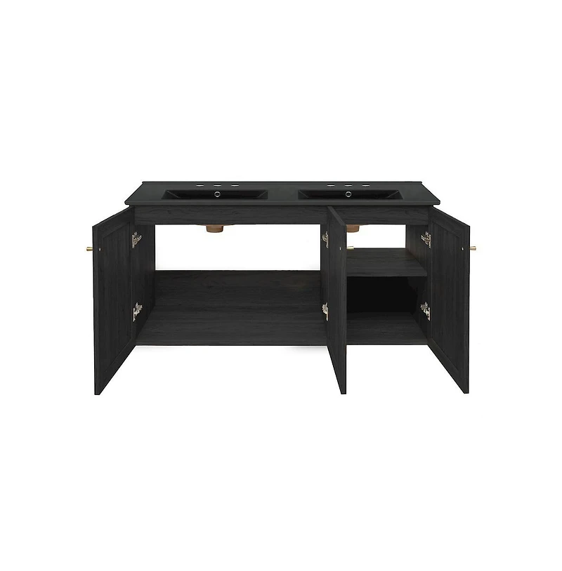 Swiss Madison48" Wall-Mounted Bathroom Vanity, Black 3-Hole Widespread Double Basin Sink Top