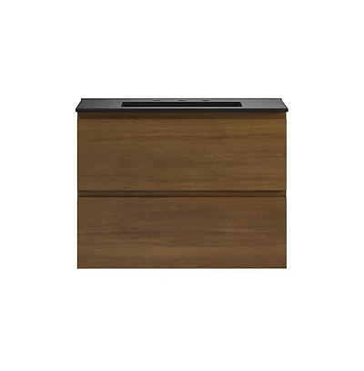 Swiss Madison 30" Wall-Mounted Bathroom Vanity in Brown Oak, Black 3-Hole Widespread Sink Top