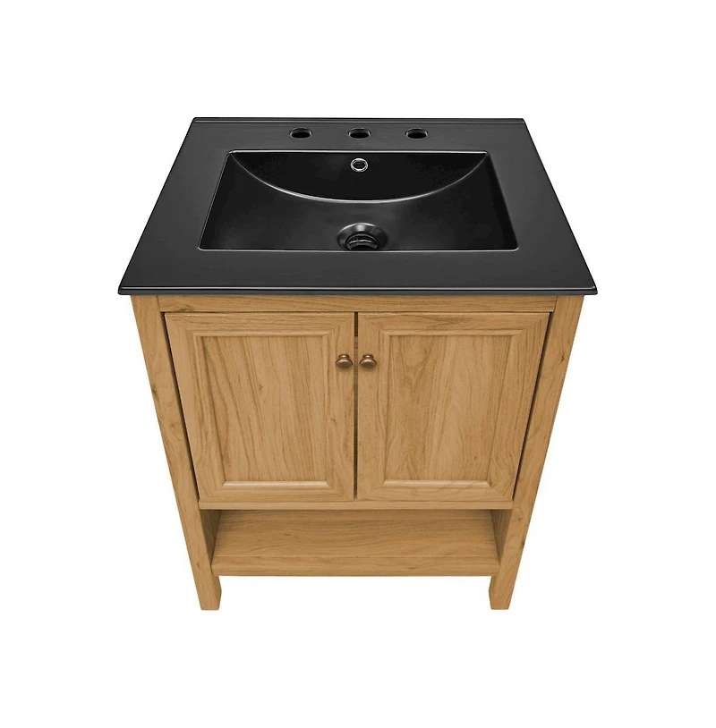 Swiss Madison 24" Freestanding Bathroom Vanity in Golden Oak, Black 3-Hole Centerset Sink Top