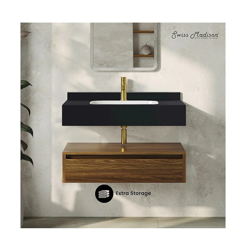 Swiss Madison Avancer 36" Wall-Mounted Bathroom Vanity in Brown Oak with Black Marble Sink Top