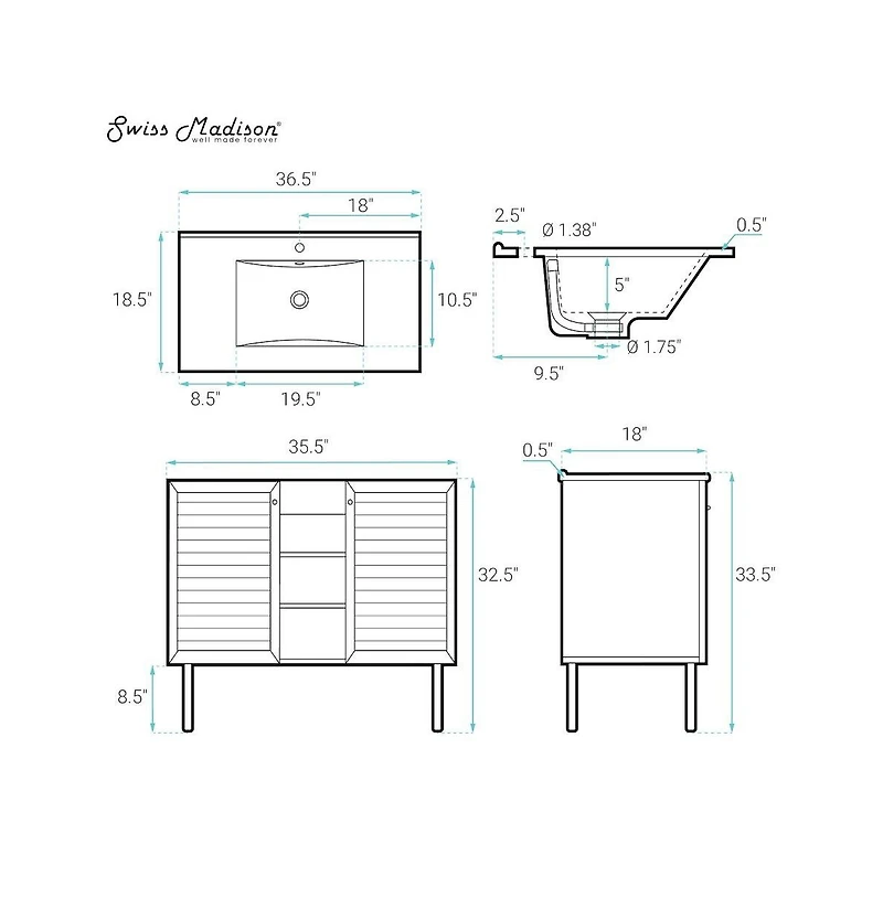 Swiss MadisonBron 36" Freestanding Bathroom Vanity in Black Oak with Sink Top