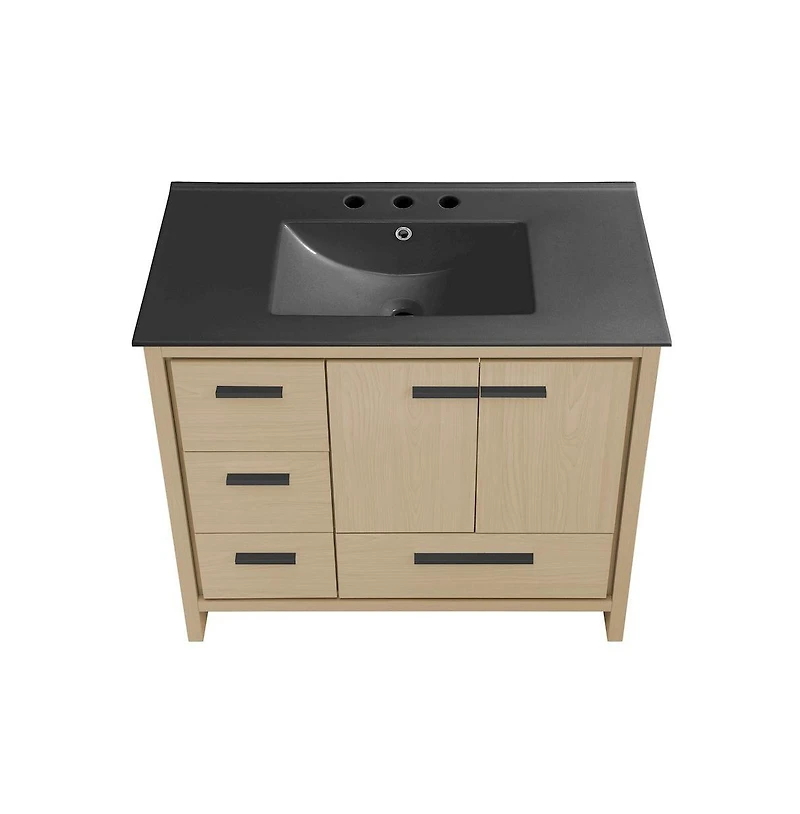 Swiss Madison Virage 36 in. Brown Oak Bathroom Vanity With Black, 3-Hole Ceramic Sink Top