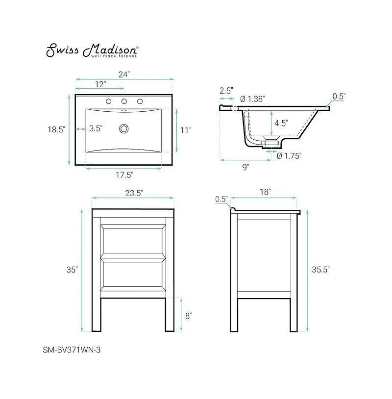 Swiss Madison Nadar 24 in. Brown Walnut Bathroom Vanity With White, 3-Hole Ceramic Sink Top