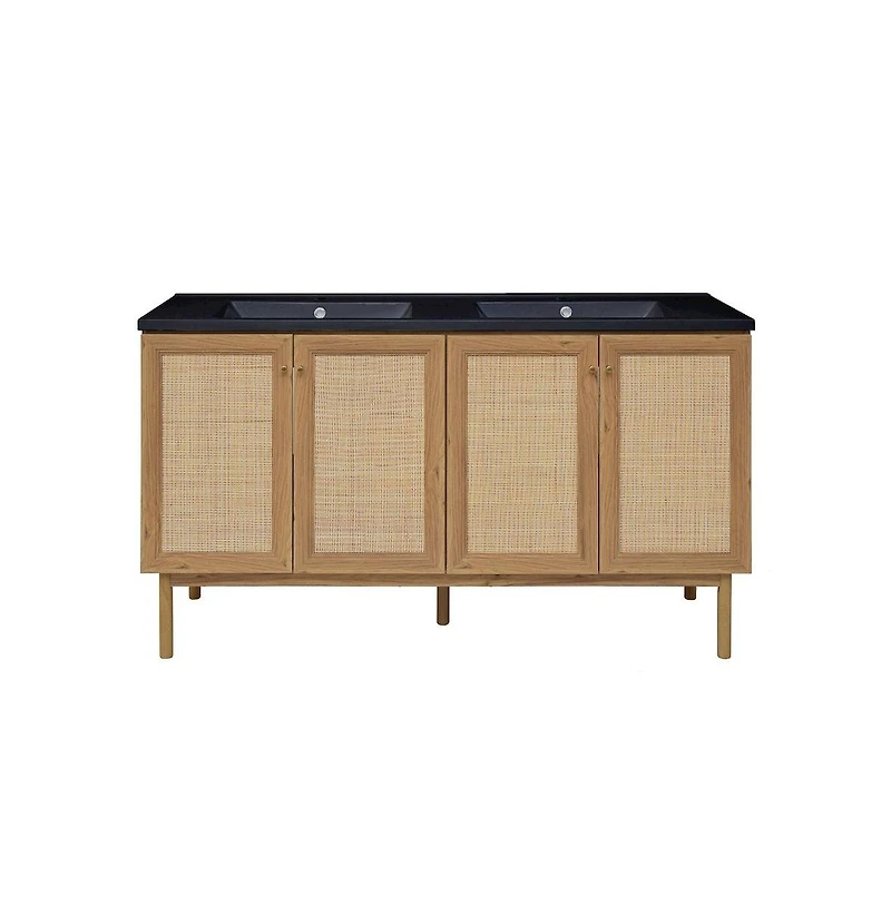 Swiss Madison60" Freestanding Bathroom Vanity in Golden Oak with Black Double Basin Sink Top