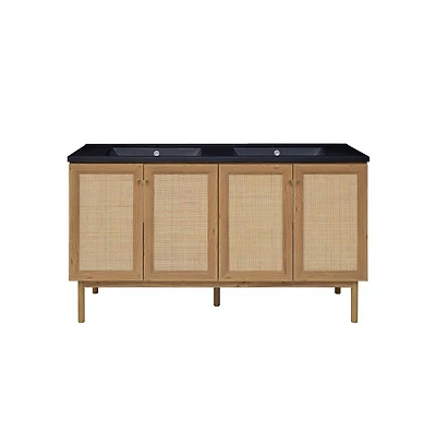 Swiss Madison60" Freestanding Bathroom Vanity in Golden Oak with Black Double Basin Sink Top